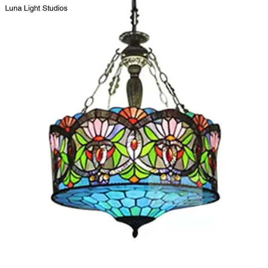 Led Stained Glass Living Room Ceiling Light - Baroque Style 18 W Drum Aqua / Downrods