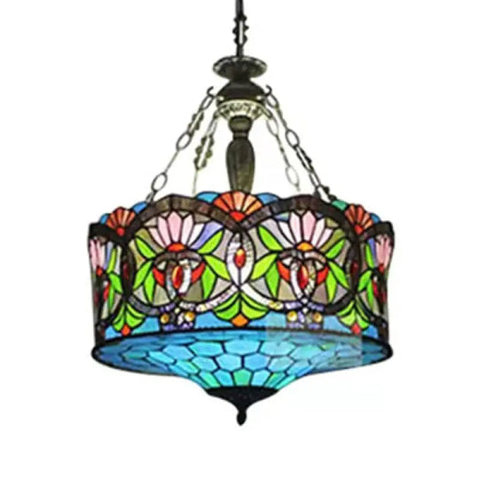 Led Stained Glass Living Room Ceiling Light - Baroque Style 18’ W Drum Aqua / Downrods