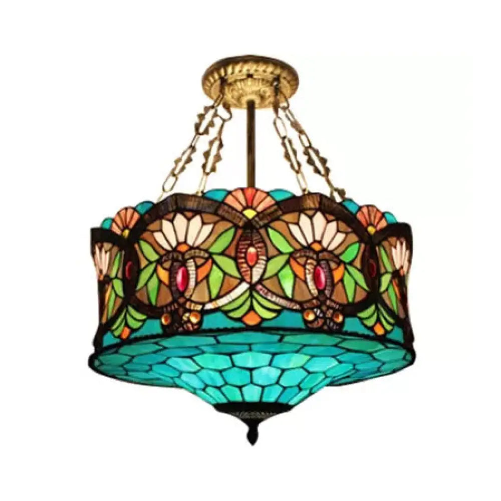 Led Stained Glass Living Room Ceiling Light - Baroque Style 18’ W Drum Aqua / Flushmount