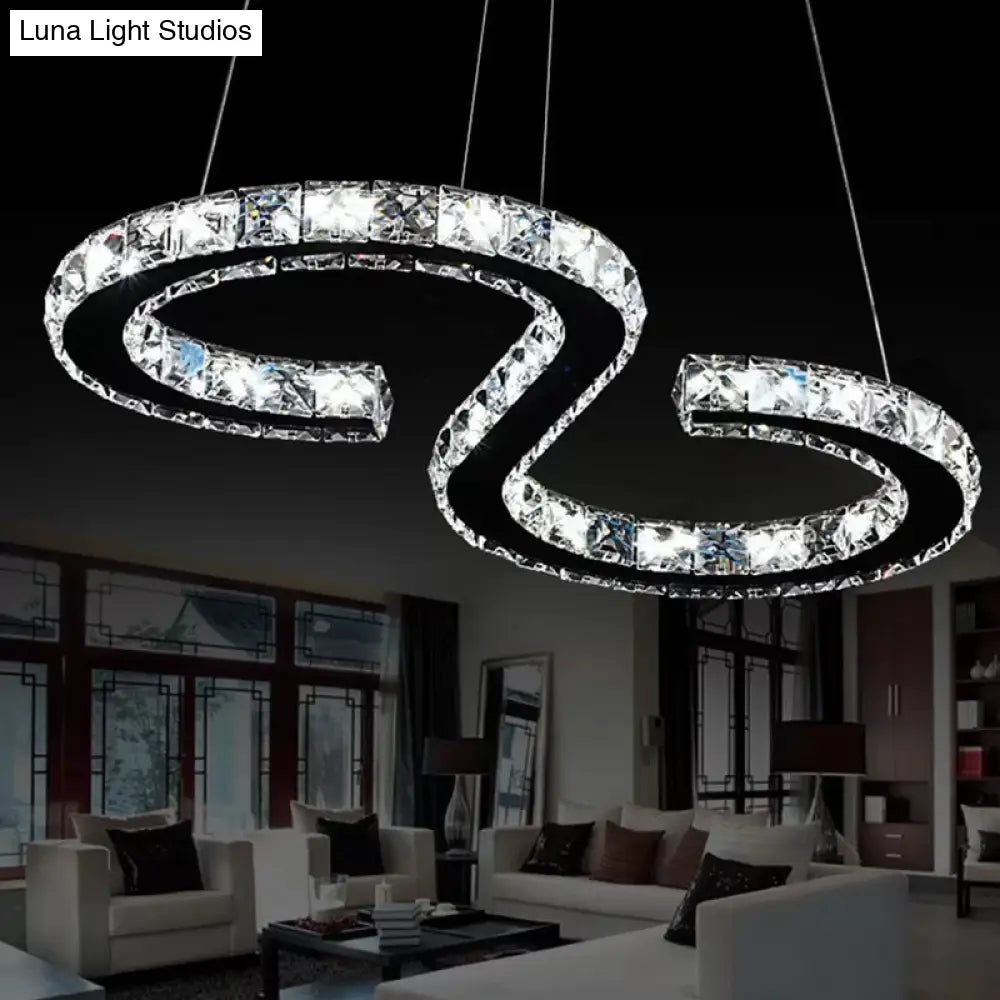 Led Stainless Steel Chandelier With Clear Crystal Curve Frame - Elegant Hanging Light For Living