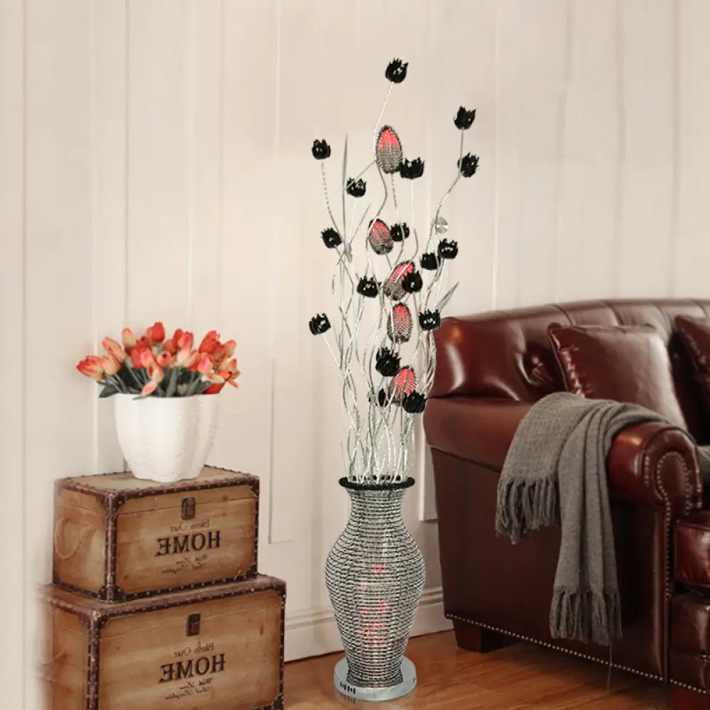 Led Standing Lamp With Art Decor Cutout Vase & Floret Design In Black