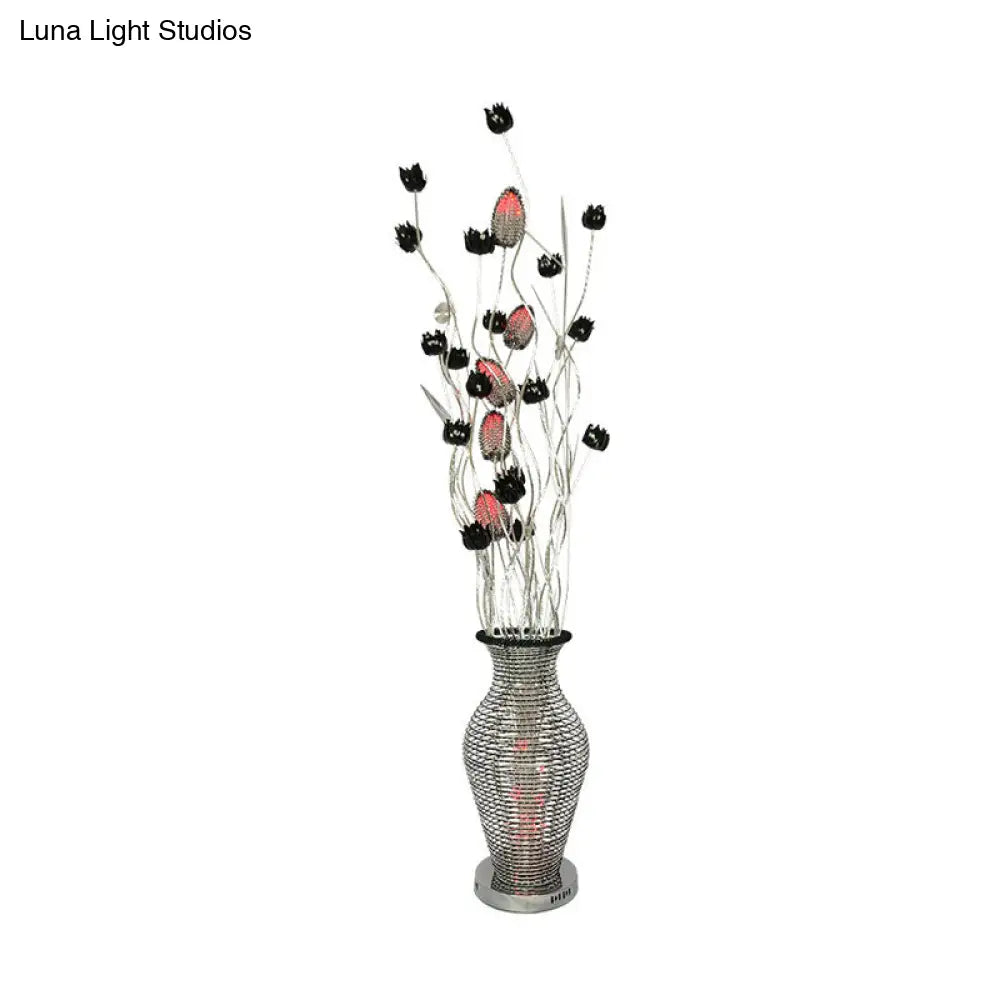 Led Standing Lamp With Art Decor Cutout Vase & Floret Design In Black