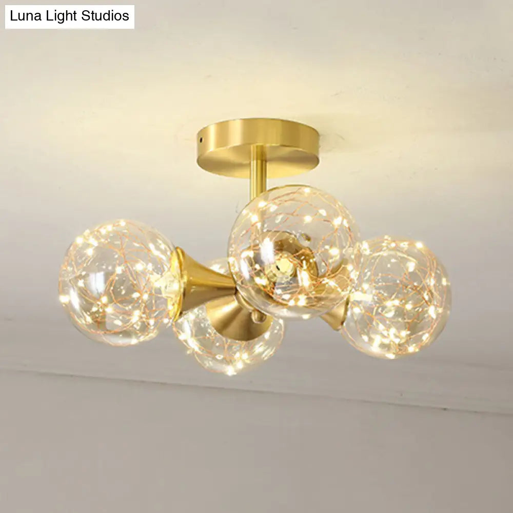 Led Starry Pendant Chandelier: Simple Brass Sphere Design With Glass Shade