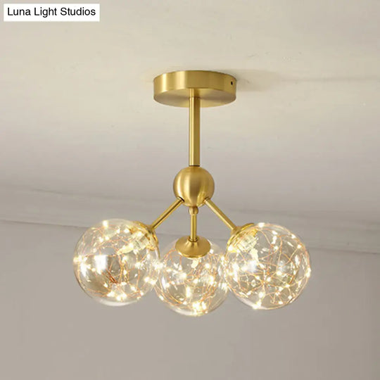 Stylish Led Pendant Chandelier Brass Sphere With Starry Glass Shade 3 / Cognac