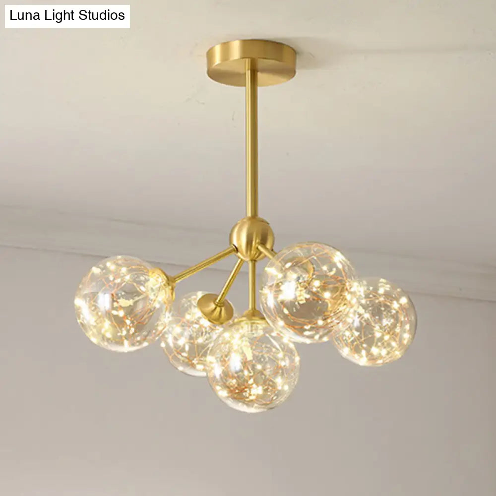 Led Starry Pendant Chandelier: Simple Brass Sphere Design With Glass Shade