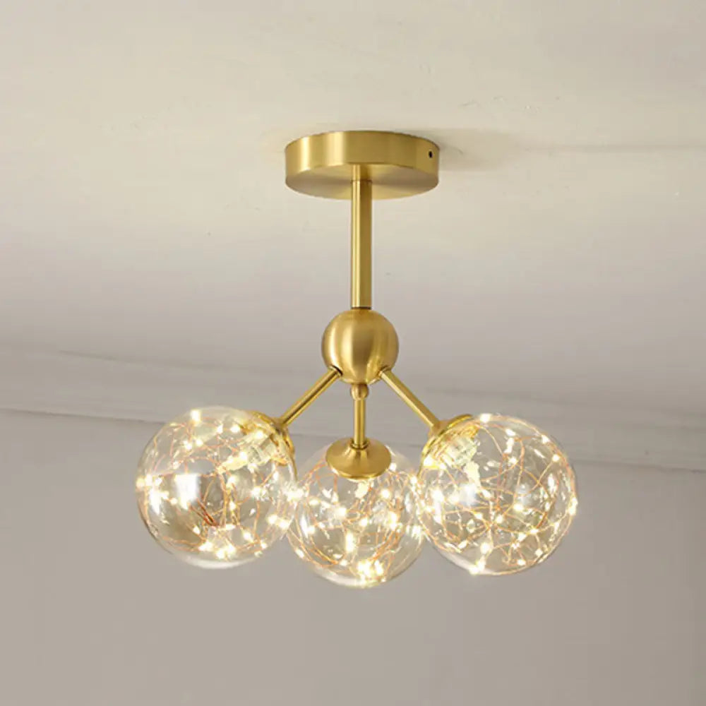 Led Starry Pendant Chandelier: Simple Brass Sphere Design With Glass Shade 3 / Cognac