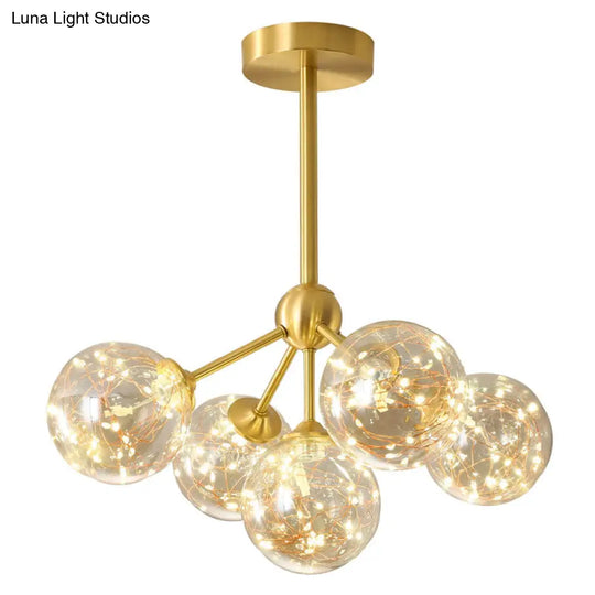 Led Starry Pendant Chandelier: Simple Brass Sphere Design With Glass Shade