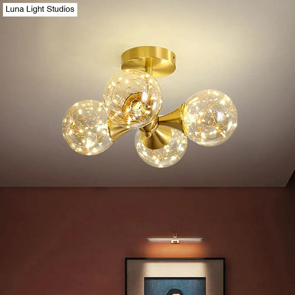 Stylish Led Pendant Chandelier Brass Sphere With Starry Glass Shade 4 / Cognac