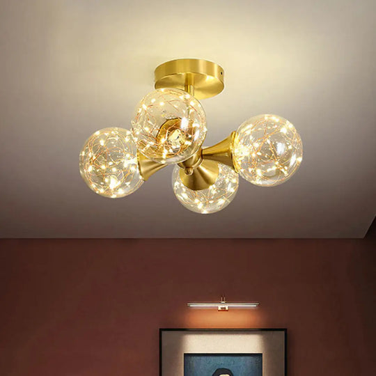 Led Starry Pendant Chandelier: Simple Brass Sphere Design With Glass Shade 4 / Cognac