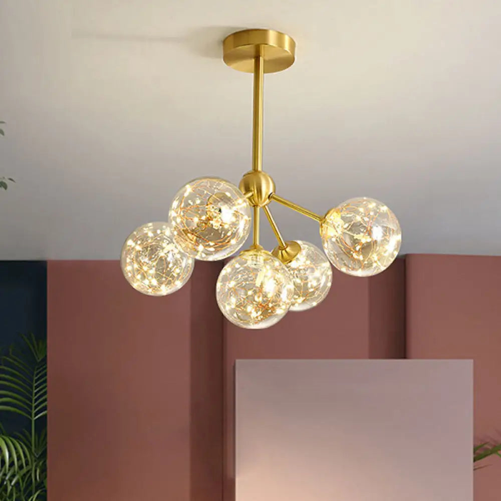 Led Starry Pendant Chandelier: Simple Brass Sphere Design With Glass Shade 5 / Cognac