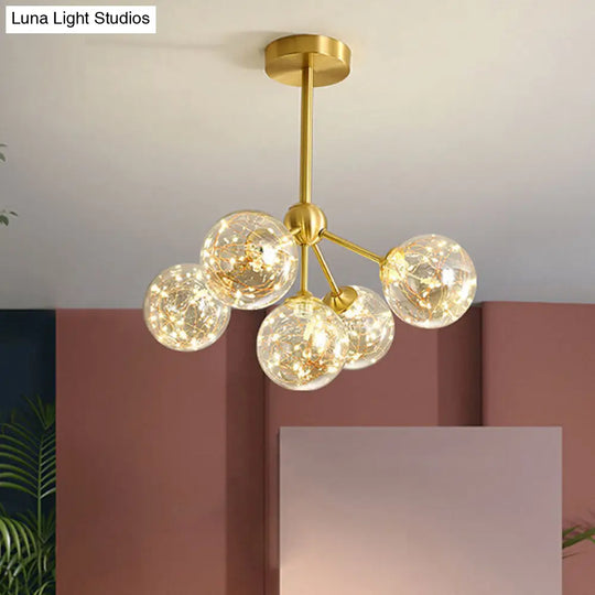 Stylish Led Pendant Chandelier Brass Sphere With Starry Glass Shade 5 / Cognac