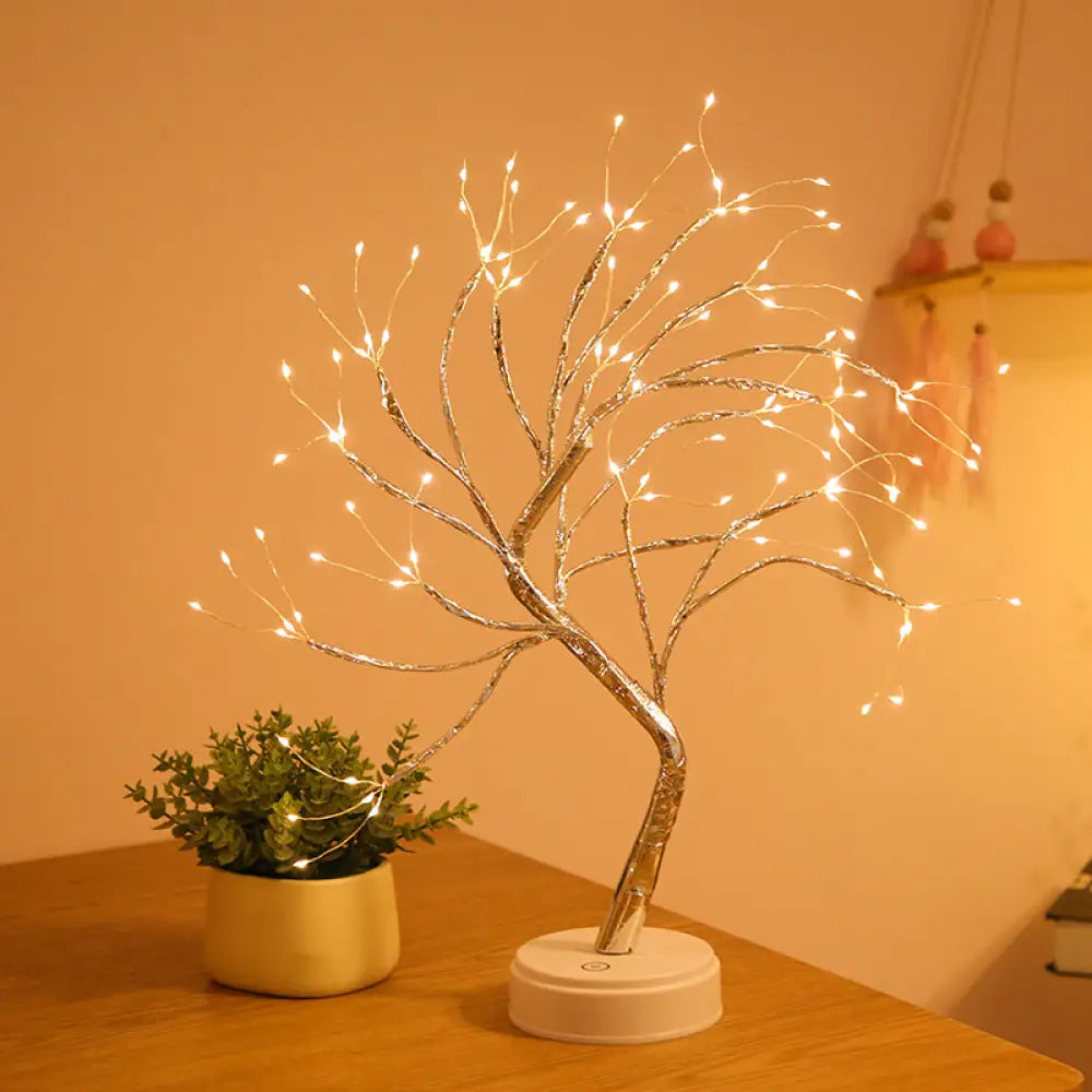 Led Tree Branch Nightstand Lamp For Girls Bedroom - Decorative Plastic Table Light Silver / Battery