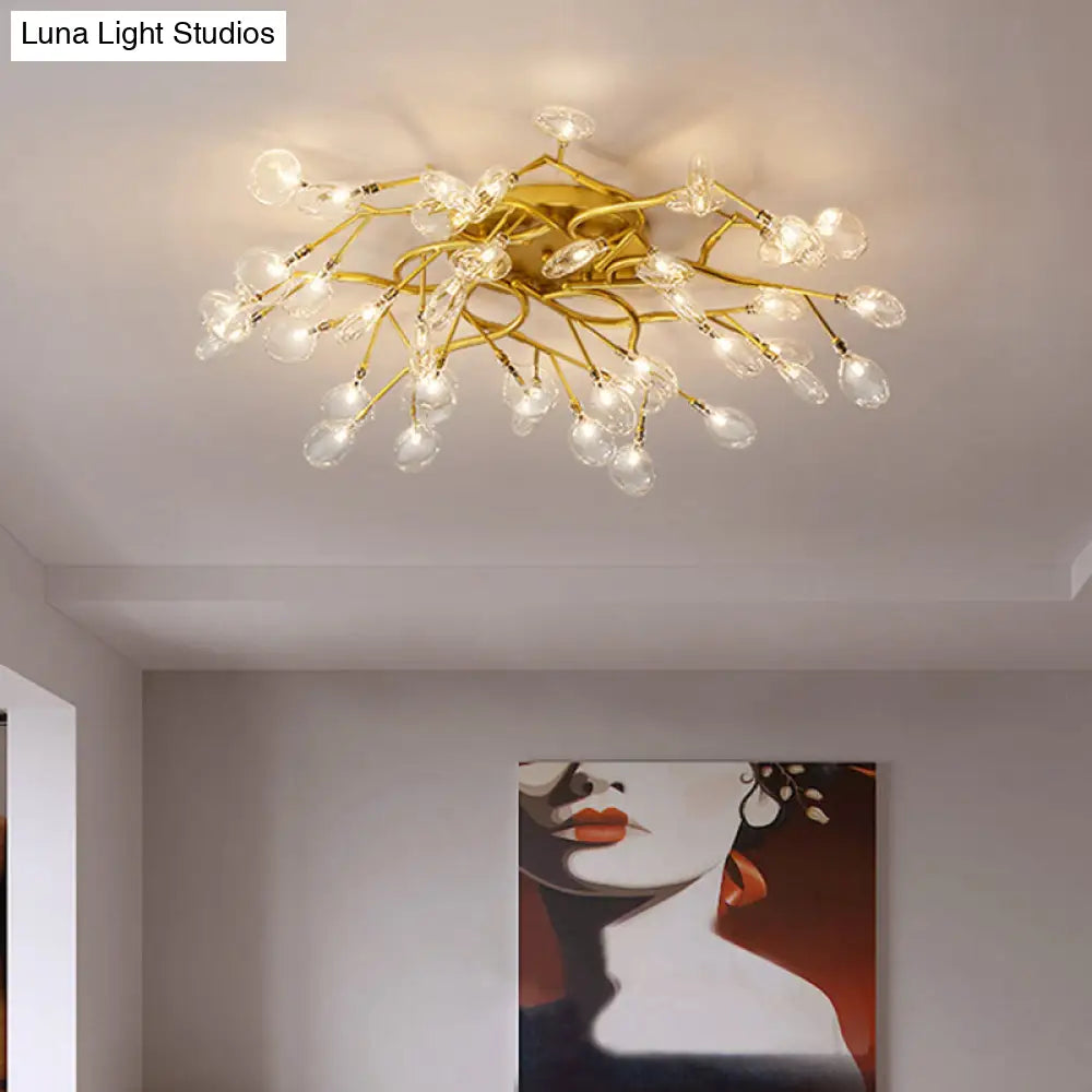 Led Tree Branch Semi Flush Chandelier Light For Living Room With Firefly Shade - Modern Metallic