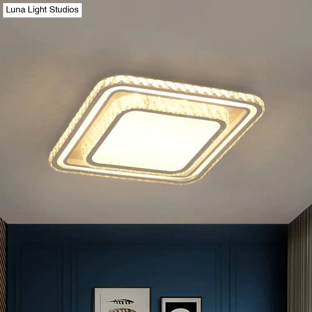 Led White Ceiling Flush Mount With Crystal Shade / Square Plate