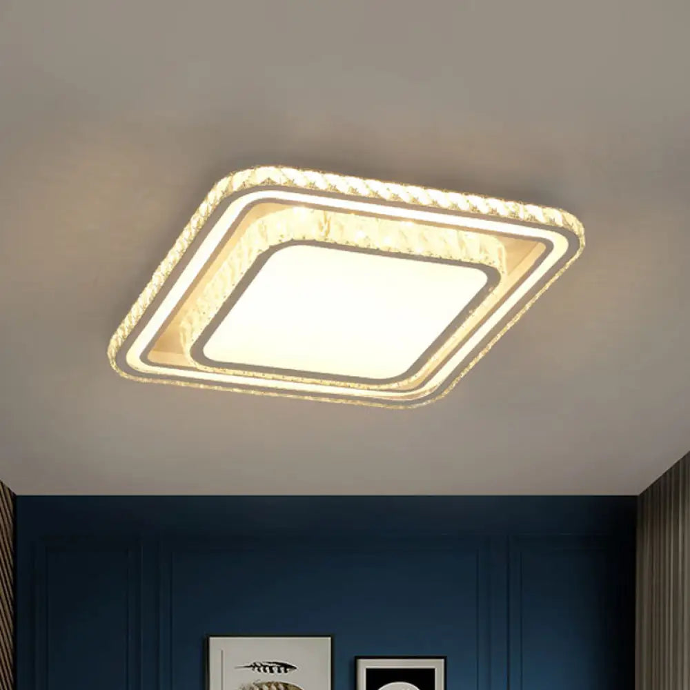 Led White Ceiling Flush Mount With Crystal Shade / Square Plate