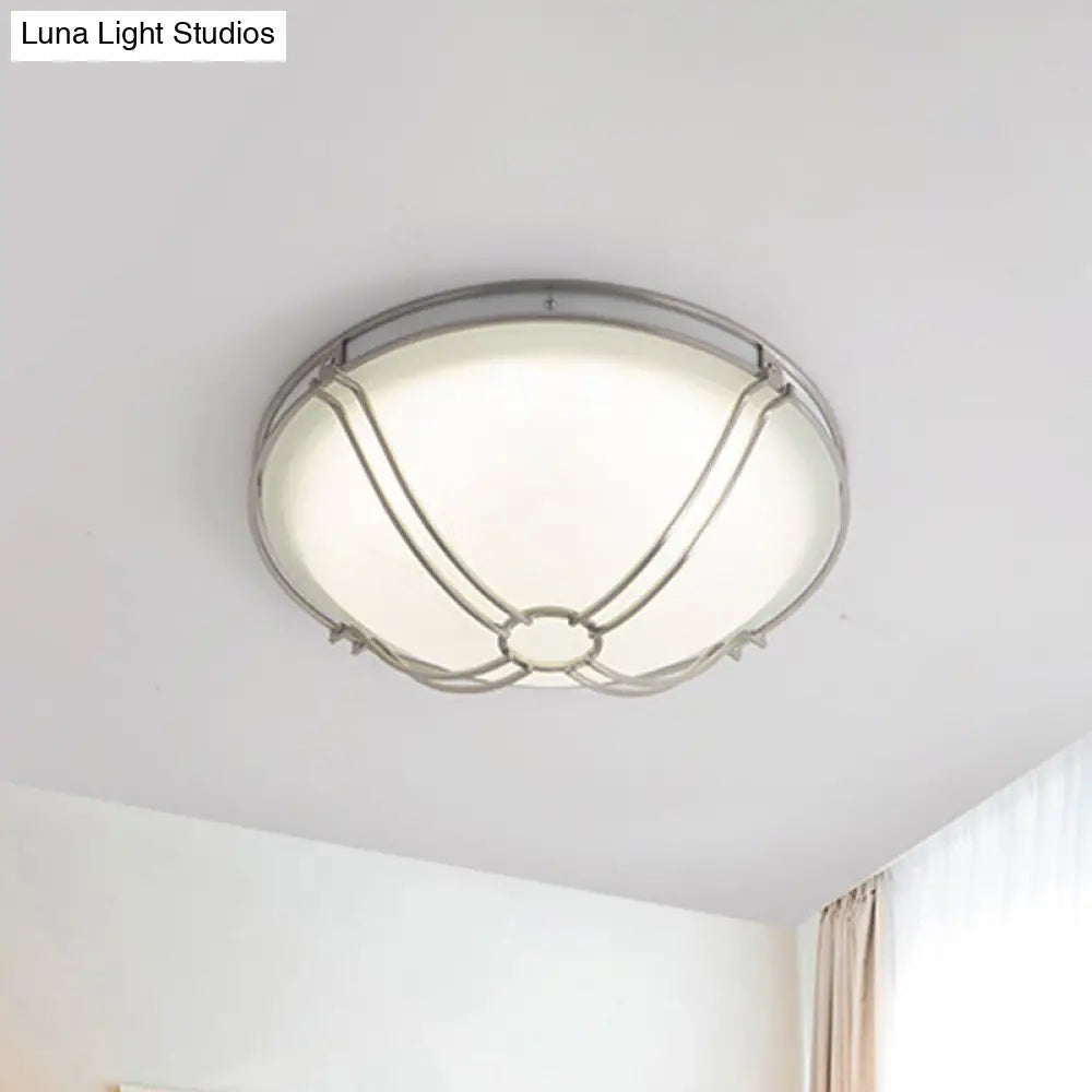 Led White Glass Flush Mount Ceiling Light With Metal Cage - Country Dome Fixture