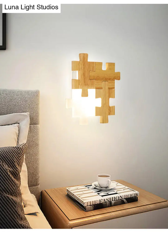 Led Wooden Jigsaw Puzzle Wall Lamp With Acrylic Shade For Bedroom