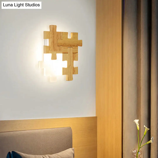 Led Wooden Jigsaw Puzzle Wall Lamp With Acrylic Shade For Bedroom