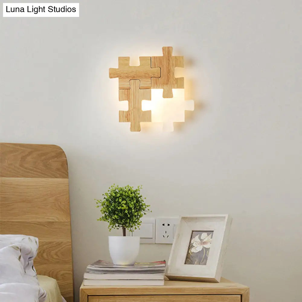 Led Wooden Jigsaw Puzzle Wall Lamp With Acrylic Shade For Bedroom