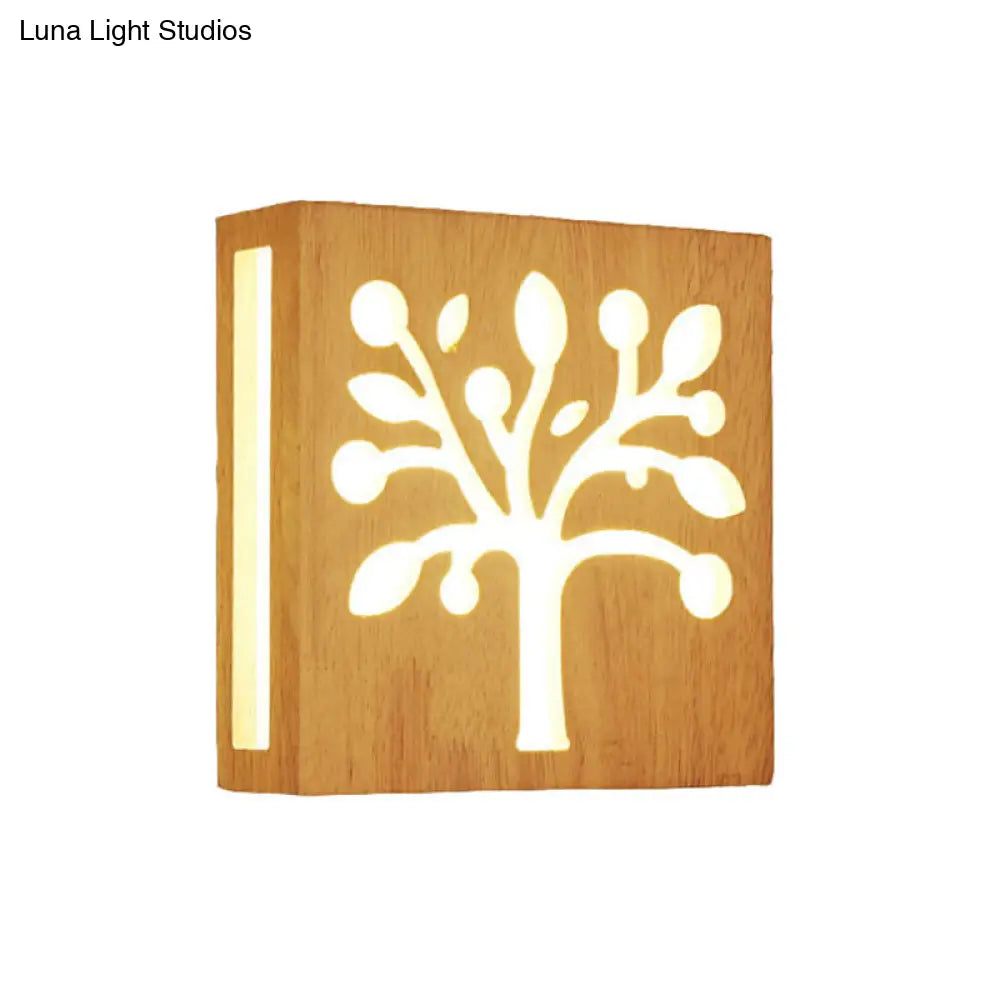 Led Wooden Wall Sconce: Contemporary Square Cutout Living Room Light