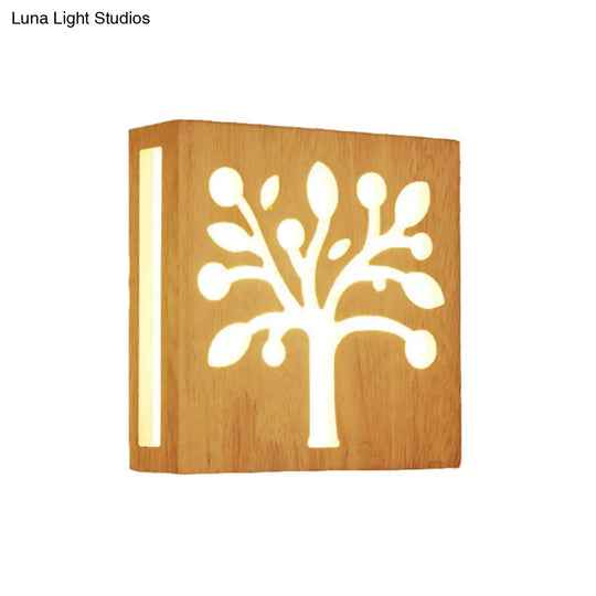 Led Wooden Wall Sconce: Contemporary Square Cutout Living Room Light