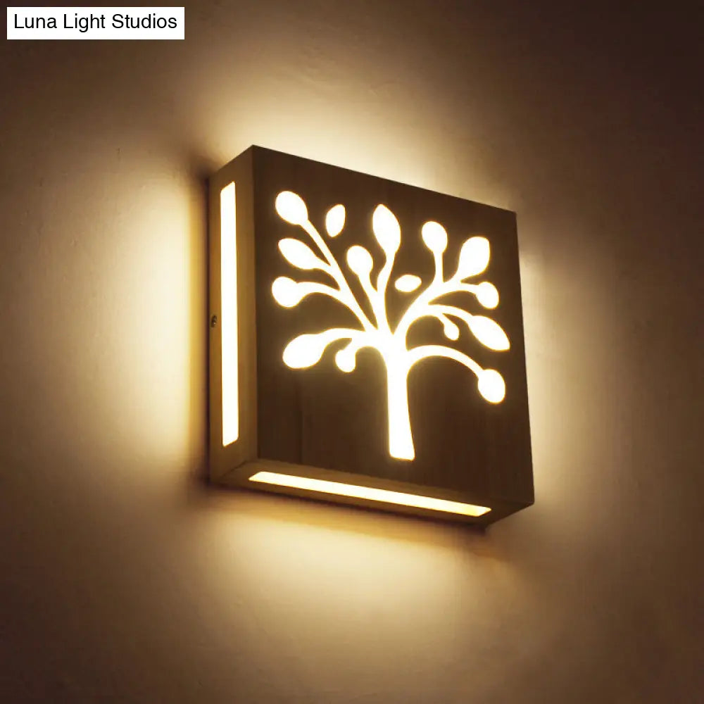 Led Wooden Wall Sconce: Contemporary Square Cutout Living Room Light