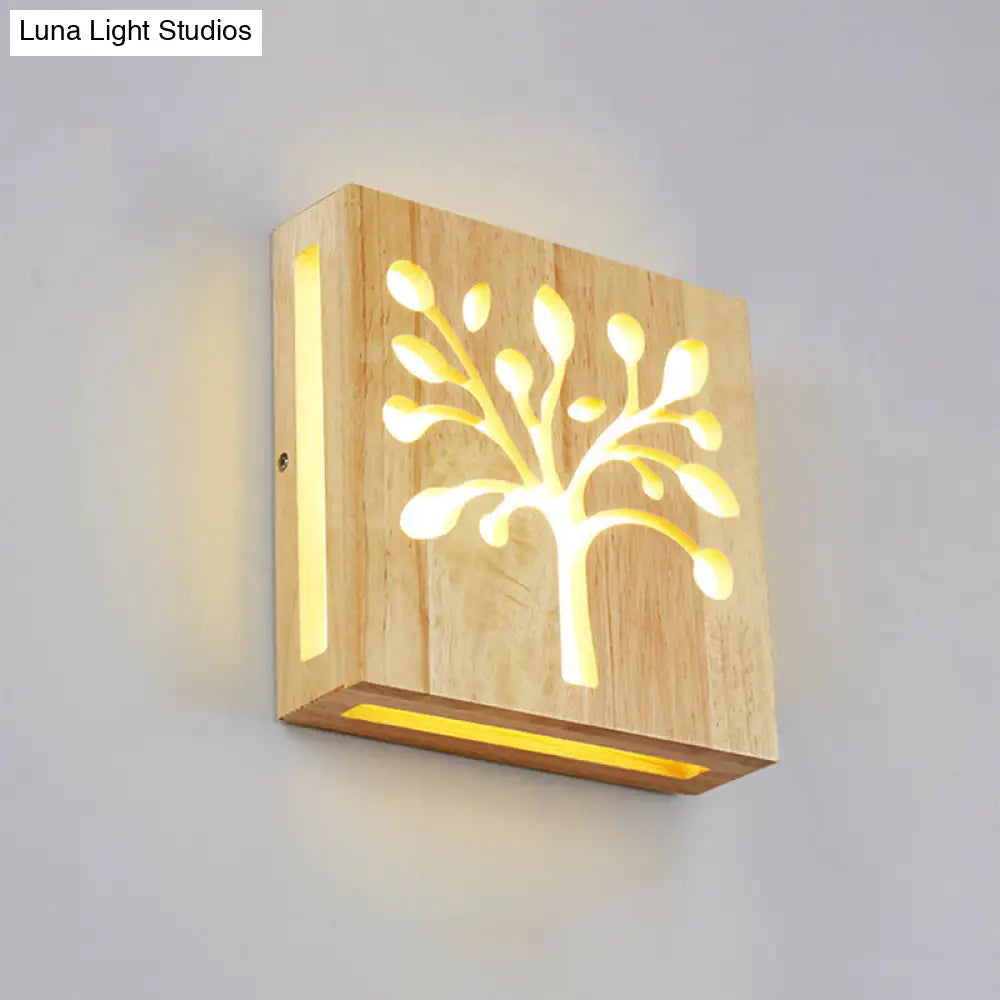 Led Wooden Wall Sconce: Contemporary Square Cutout Living Room Light