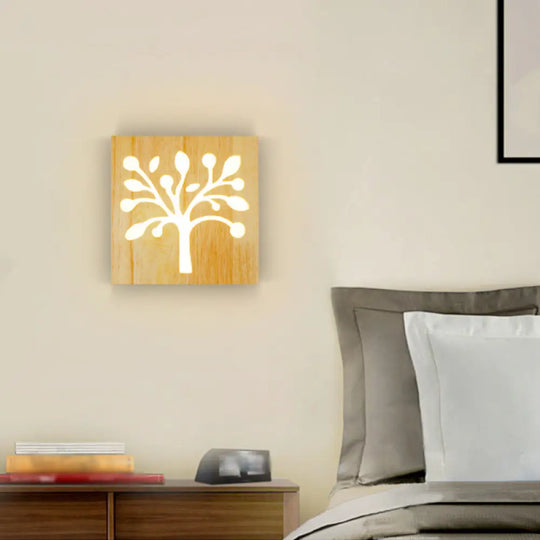 Led Wooden Wall Sconce: Contemporary Square Cutout Living Room Light Wood / Warm Tree