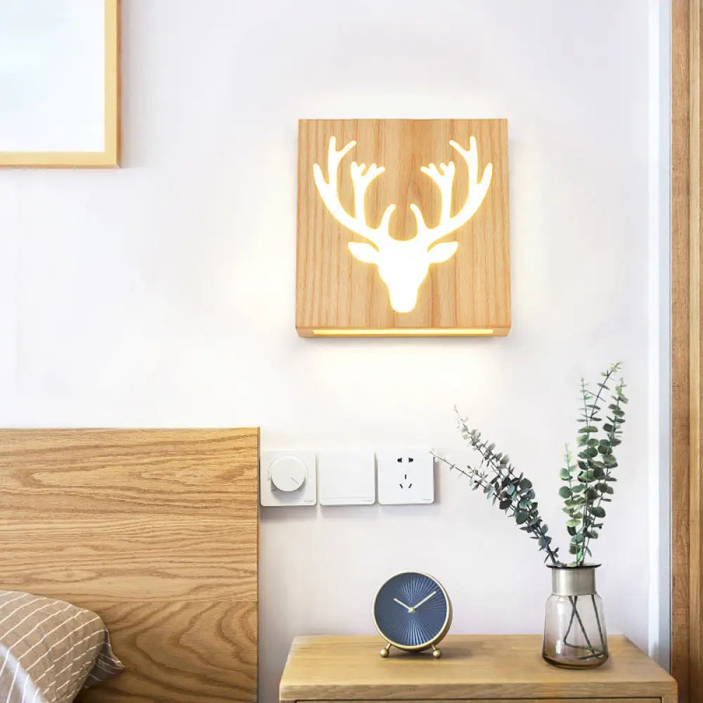 Led Wooden Wall Sconce: Contemporary Square Cutout Living Room Light Wood / White Antler