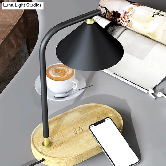 Beige Wood Bedroom Desk Lamp With Metal Shade - Simple Oblong Design Night Lighting 1 Bulb