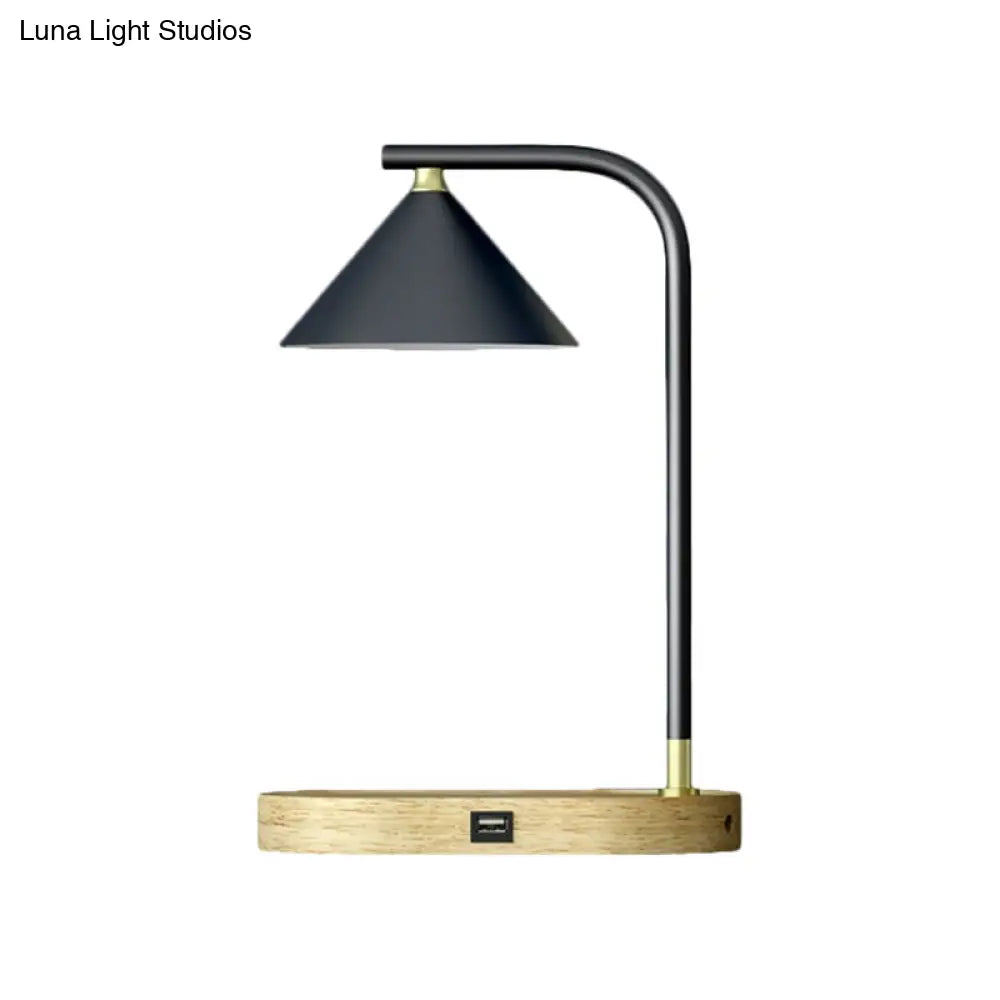 Léopoldine - Beige Simple Oblong Night Lighting Wood 1 Bulb Bedroom Desk Lamp In With Conic Metal