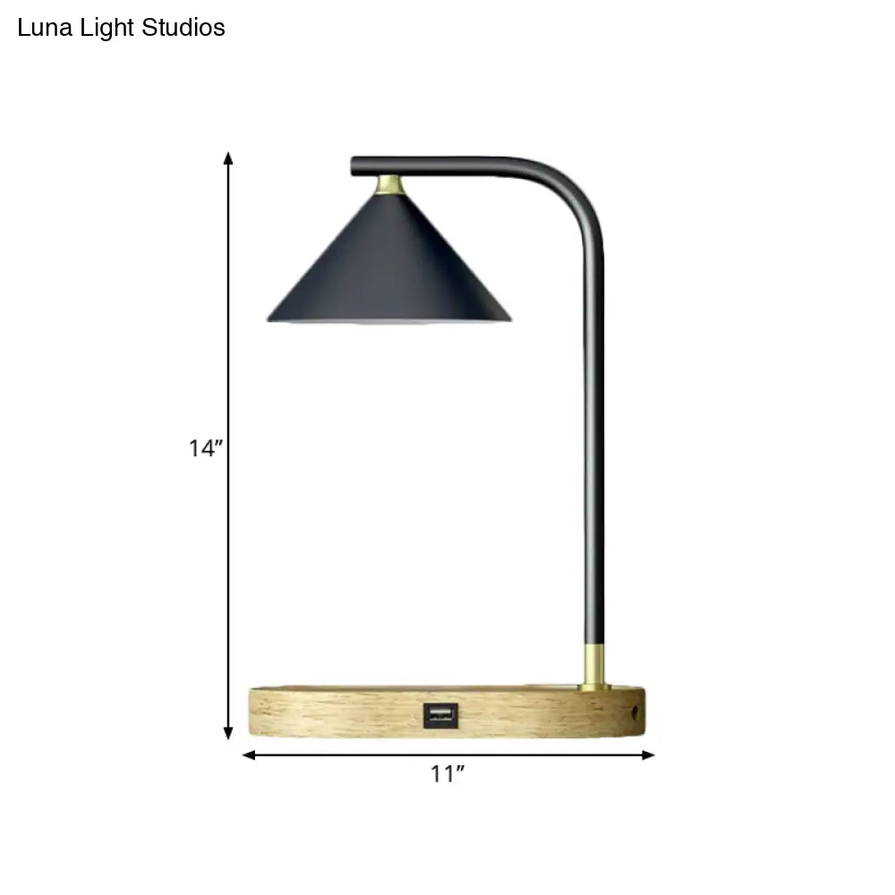 Léopoldine - Beige Simple Oblong Night Lighting Wood 1 Bulb Bedroom Desk Lamp In With Conic Metal