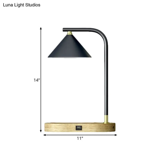 Léopoldine - Beige Simple Oblong Night Lighting Wood 1 Bulb Bedroom Desk Lamp In With Conic Metal