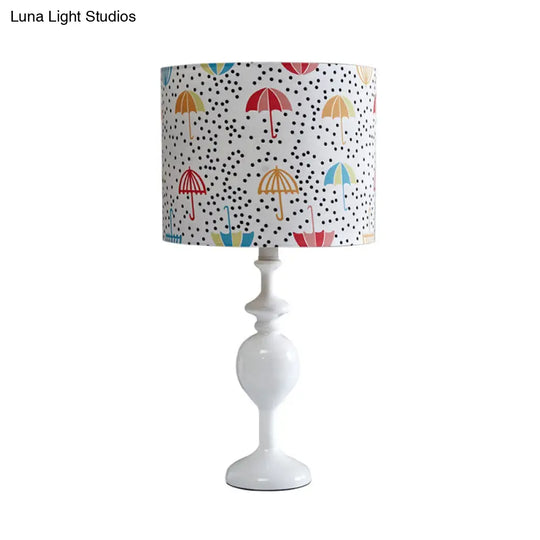 Contemporary Resin Drum Desk Light With Fabric Shade - White Nightstand Lamp (1 Bulb)