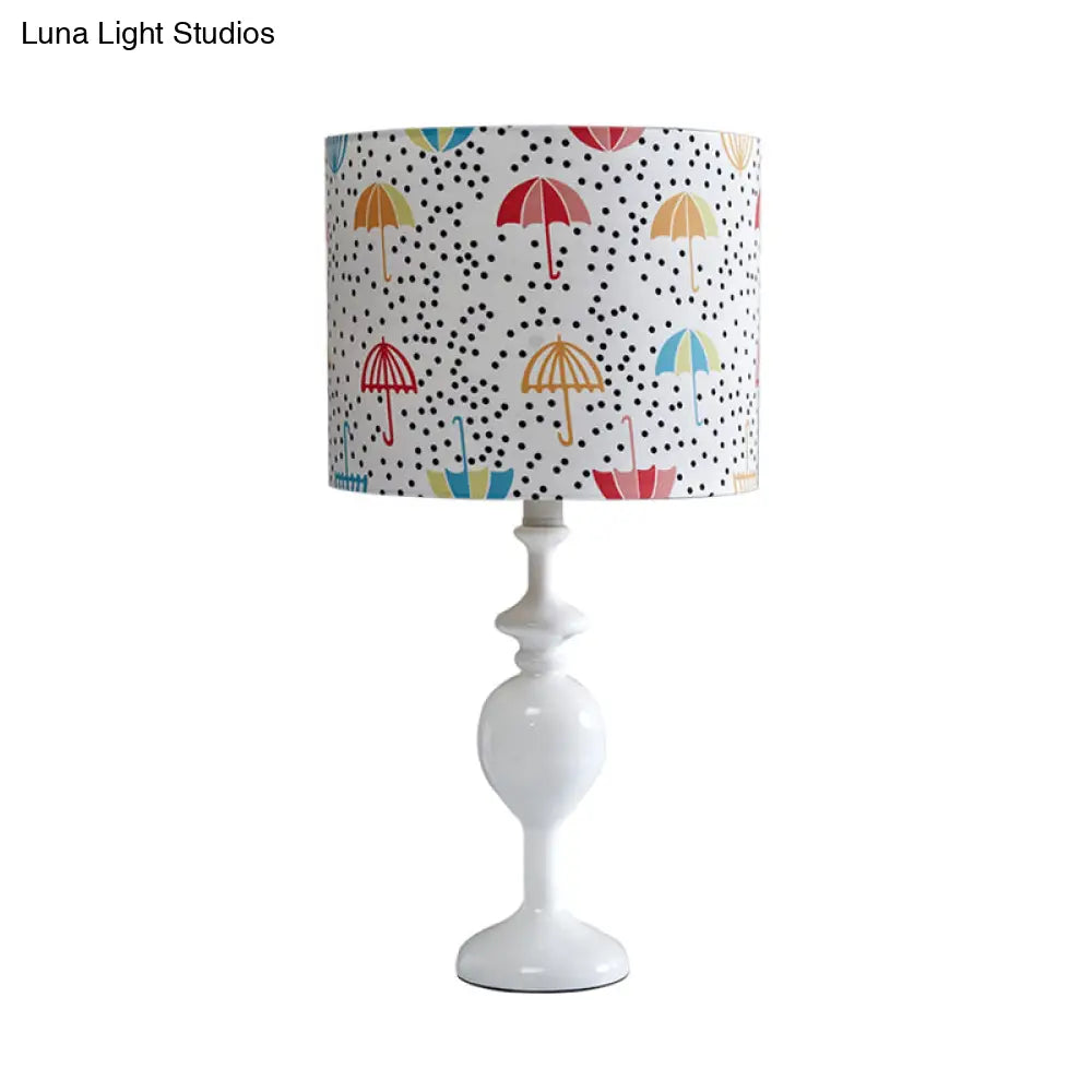 Licia - Resin Drum Desk Light: Contemporary White Nightstand Lamp With Fabric