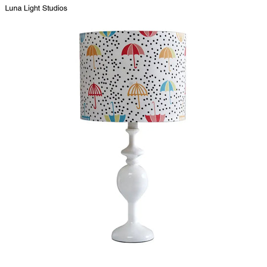 Licia - Resin Drum Desk Light: Contemporary White Nightstand Lamp With Fabric