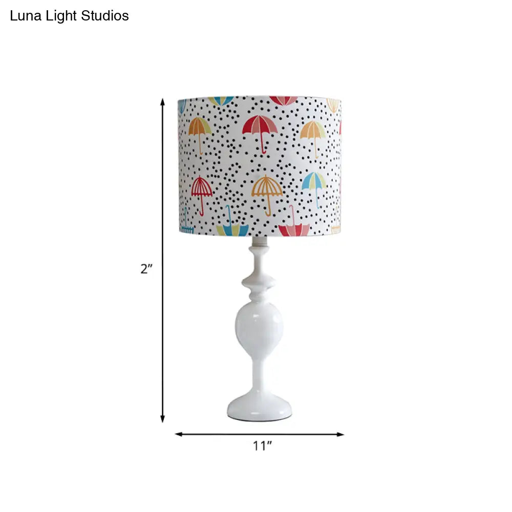 Licia - Resin Drum Desk Light: Contemporary White Nightstand Lamp With Fabric