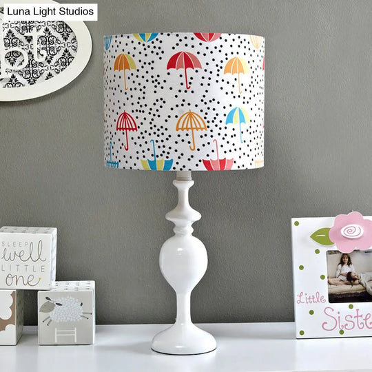 Contemporary Resin Drum Desk Light With Fabric Shade - White Nightstand Lamp (1 Bulb)