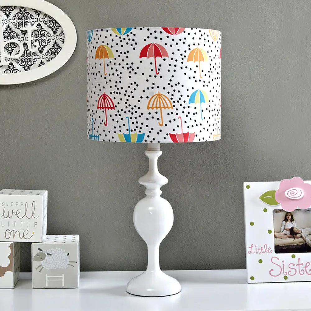 Licia - Resin Drum Desk Light: Contemporary White Nightstand Lamp With Fabric