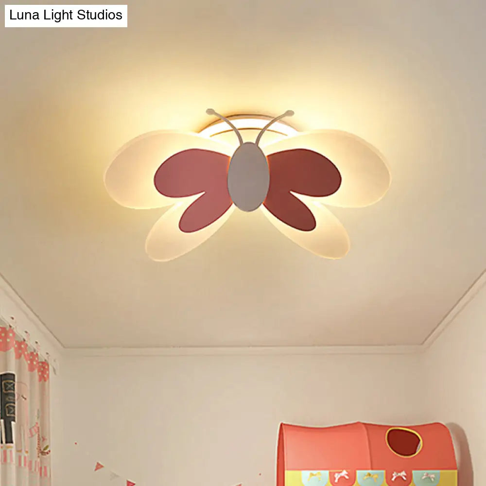 Lifelike Butterfly Flush Mount Fixture - Kids Pink Led Ceiling Light For Girls Bedroom