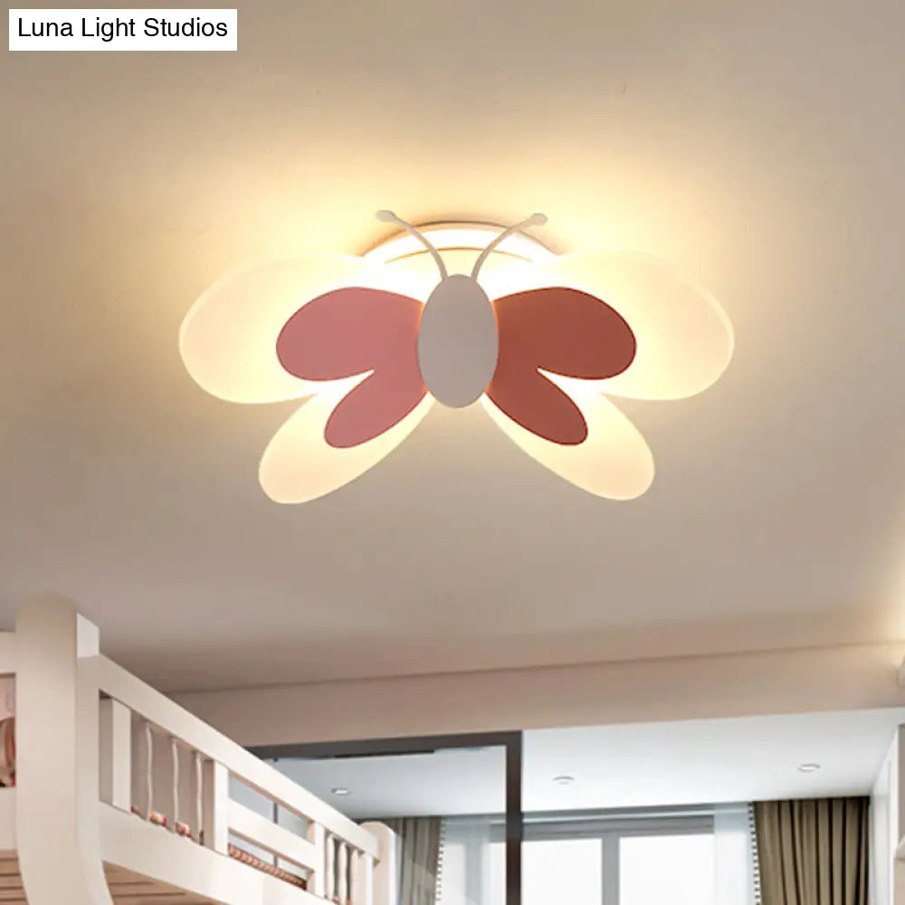 Lifelike Butterfly Flush Mount Fixture - Kids Pink Led Ceiling Light For Girls Bedroom