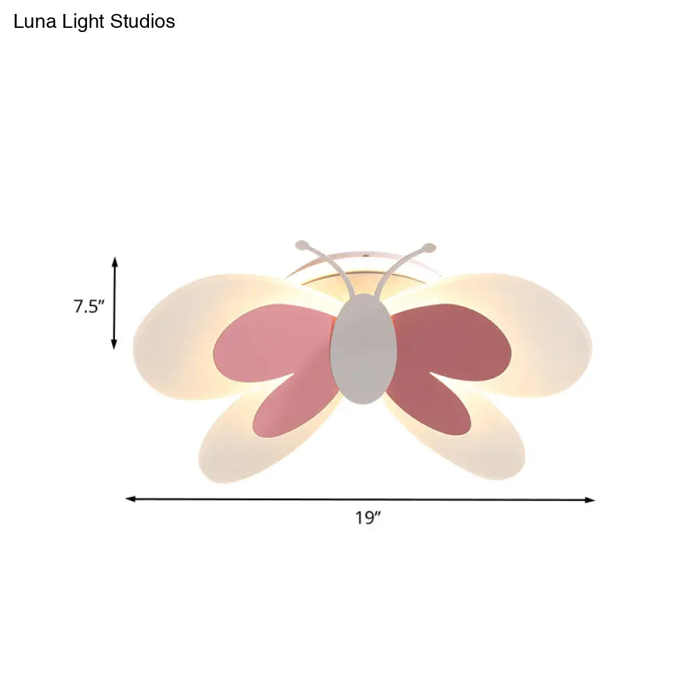 Lifelike Butterfly Flush Mount Fixture - Kids’ Pink Led Ceiling Light For Girls’ Bedroom