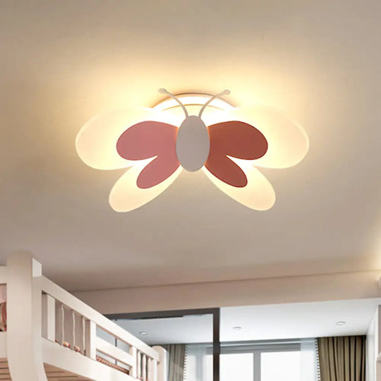 Lifelike Butterfly Flush Mount Fixture - Kids’ Pink Led Ceiling Light For Girls’ Bedroom