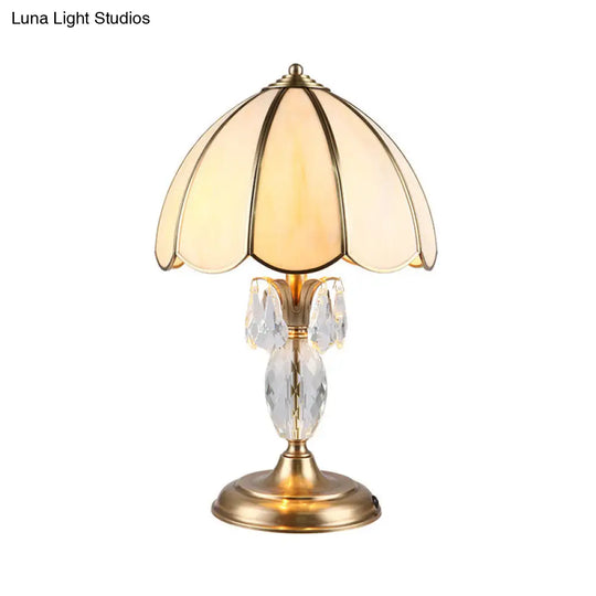 Light Beige Glass Table Lamp With Gold Dome Design And Crystal Accent - Bedroom Night Lighting