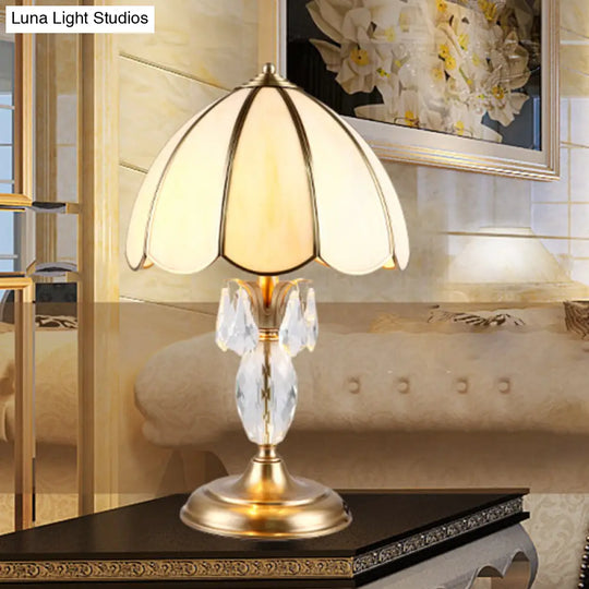 Light Beige Glass Table Lamp With Gold Dome Design And Crystal Accent - Bedroom Night Lighting