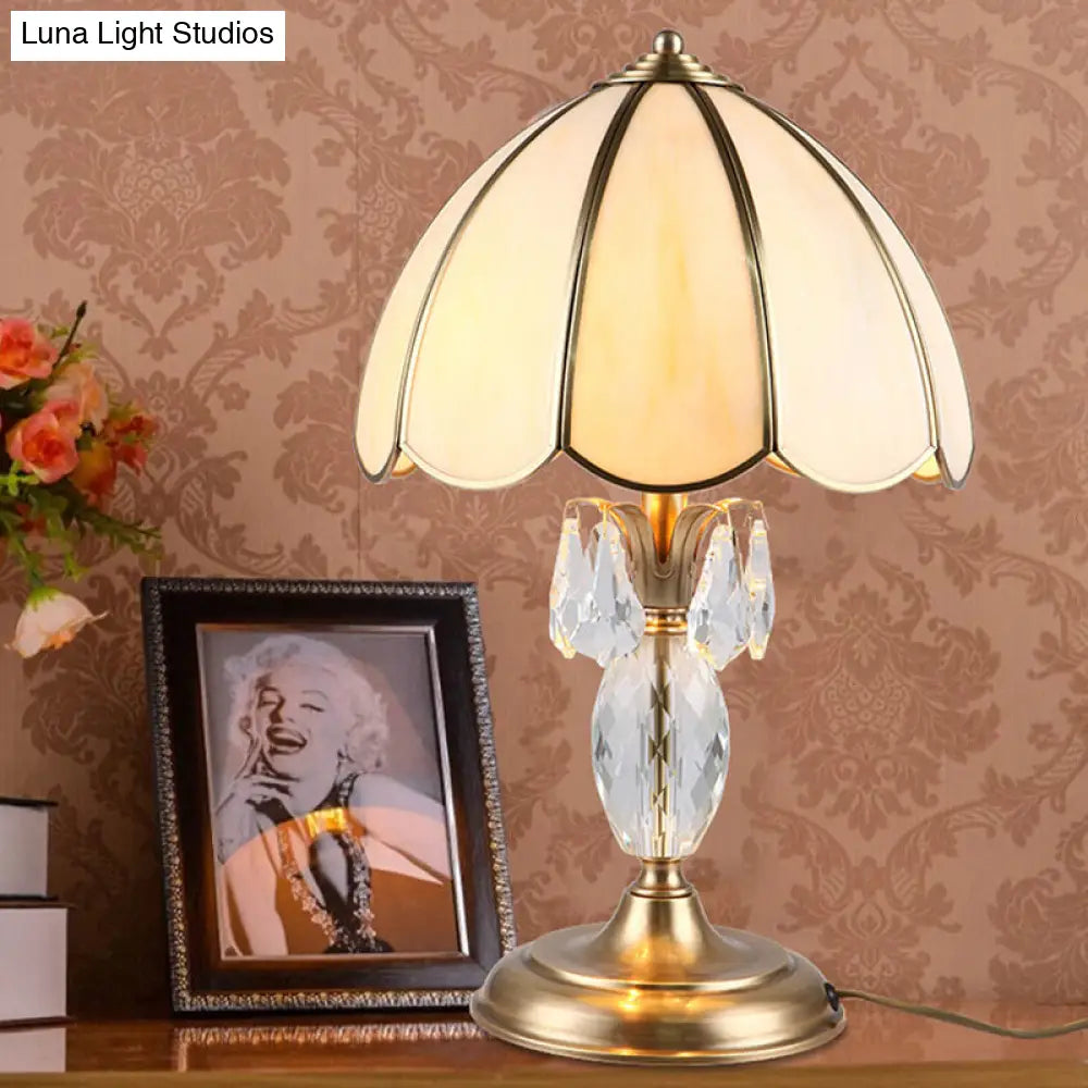 Light Beige Glass Table Lamp With Gold Dome Design And Crystal Accent - Bedroom Night Lighting