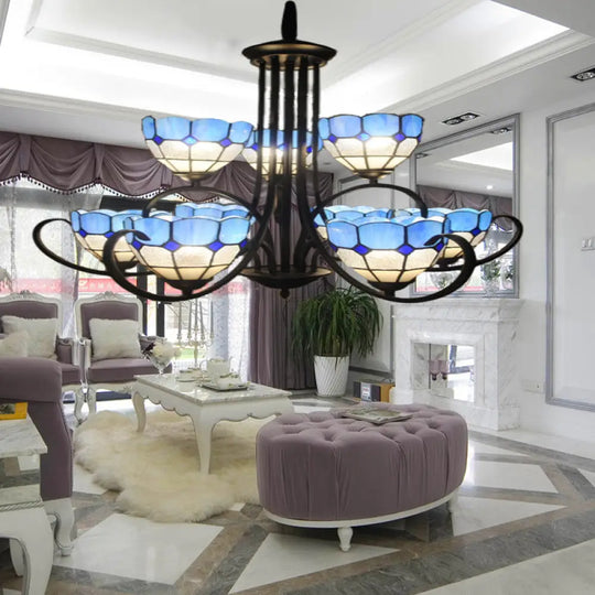 Light Blue Glass Chandelier With Multiple Bowls In Black Finish For Living Room Ceiling