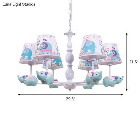 Light Blue Resin Elephant Chandelier 5/6 Heads Cartoon Style Pendant Ceiling With Fabric Shade &