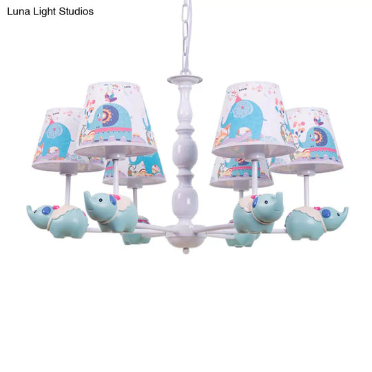 Light Blue Resin Elephant Chandelier 5/6 Heads Cartoon Style Pendant Ceiling With Fabric Shade &