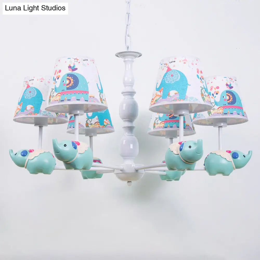 Light Blue Resin Elephant Chandelier 5/6 Heads Cartoon Style Pendant Ceiling With Fabric Shade &